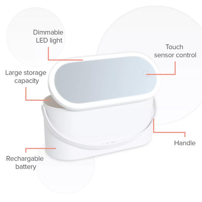 Portable LED Cosmetic Storage Case – Mirror, Dimming, USB Rechargeable