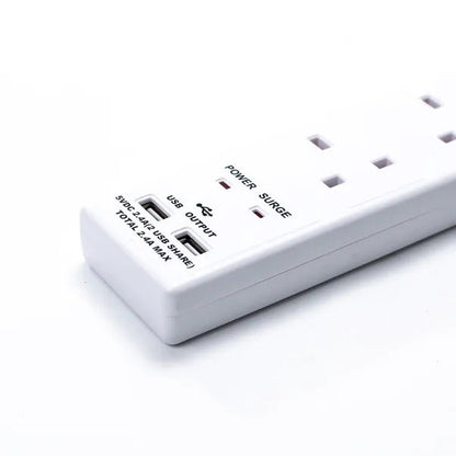 Status 4 Way 2 Metre Extension Surge Lead with 2 USB Ports - Power Strip Surge Protector, 2 Meter Cord Length, USB Charging, 4 Outlets.