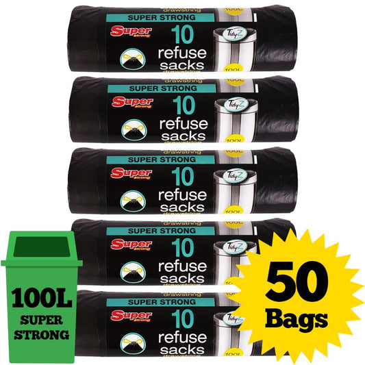 Tidyz 50 x 100L Refuse Sacks with Drawstring Closure Bin Bags