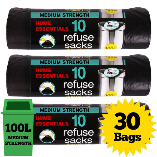 Tidyz 30 Super Strong 100L Refuse Sacks with Drawstring Closure Bin Bags 10 x 3 pack