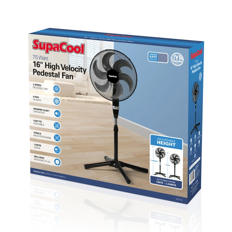 16” High Velocity Pedestal Fan – 3 Speeds, Adjustable Height, Black