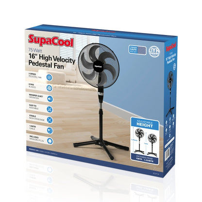 16” High Velocity Pedestal Fan – 3 Speeds, Adjustable Height, Black