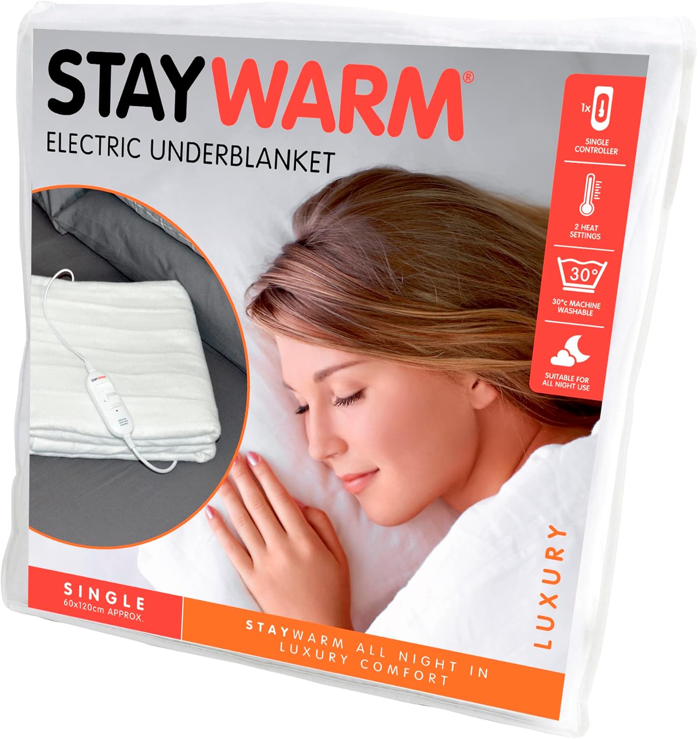 Electric Underblanket – Single Size, Dual Heat, Detachable Controller, Machine Washable