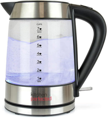 KitchenPerfected Eco-Friendly 1.7Ltr Illuminated Cordless Glass Kettle, Energy-Efficient, Stylish Design, LED Lighting, Electric Tea Maker, Transparent Jug, Fast Boil Technology, For Coffee