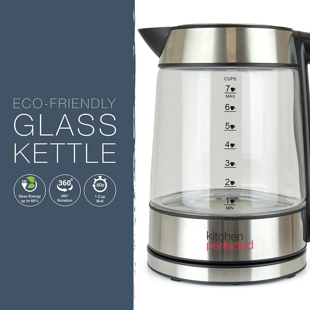 KitchenPerfected Eco-Friendly 1.7Ltr Illuminated Cordless Glass Kettle, Energy-Efficient, Stylish Design, LED Lighting, Electric Tea Maker, Transparent Jug, Fast Boil Technology, For Coffee