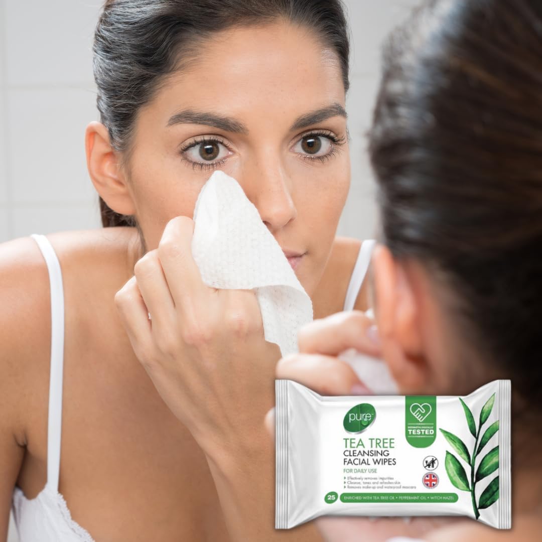 Tea Tree Facial Cleansing Wipes – 25 Pack, Daily Use & Makeup Remover