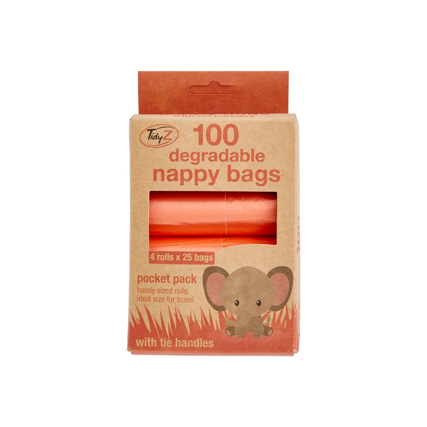 100pc Degradable Nappy Bags – Pack of 4 x 25 (Tie Handle, Leak-Proof)