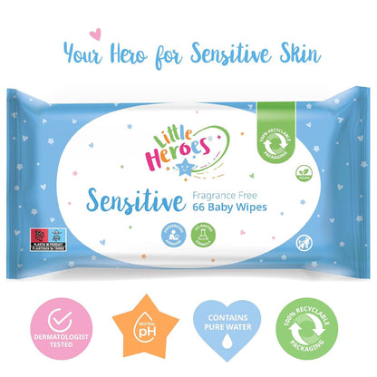 Baby Sensitive Wipes - Soft & Gentle, Hypoallergenic, 66 Pack