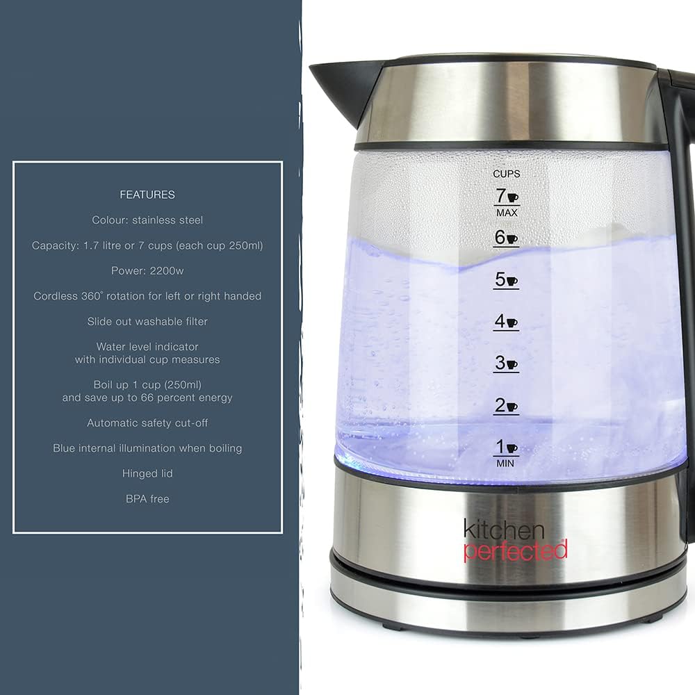 KitchenPerfected Eco-Friendly 1.7Ltr Illuminated Cordless Glass Kettle, Energy-Efficient, Stylish Design, LED Lighting, Electric Tea Maker, Transparent Jug, Fast Boil Technology, For Coffee