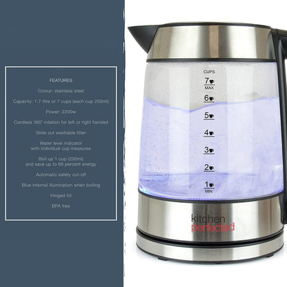 KitchenPerfected Eco-Friendly 1.7Ltr Illuminated Cordless Glass Kettle, Energy-Efficient, Stylish Design, LED Lighting, Electric Tea Maker, Transparent Jug, Fast Boil Technology, For Coffee