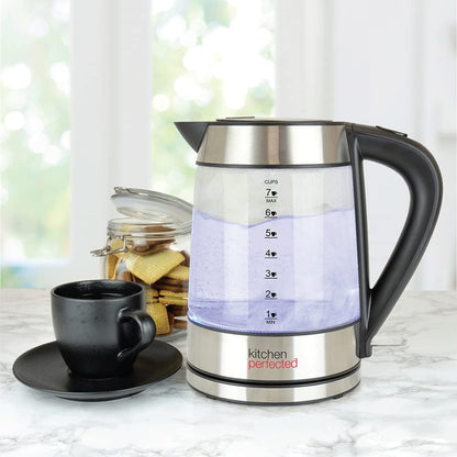 KitchenPerfected Eco-Friendly 1.7Ltr Illuminated Cordless Glass Kettle, Energy-Efficient, Stylish Design, LED Lighting, Electric Tea Maker, Transparent Jug, Fast Boil Technology, For Coffee