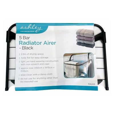 Ashley 5 Bar Black Radiator Airer, Space-Saving Clothes Drying Rack, Compact Radiator Airer for Laundry, Hanging Dryer Stand, Black Metal Airer Stand