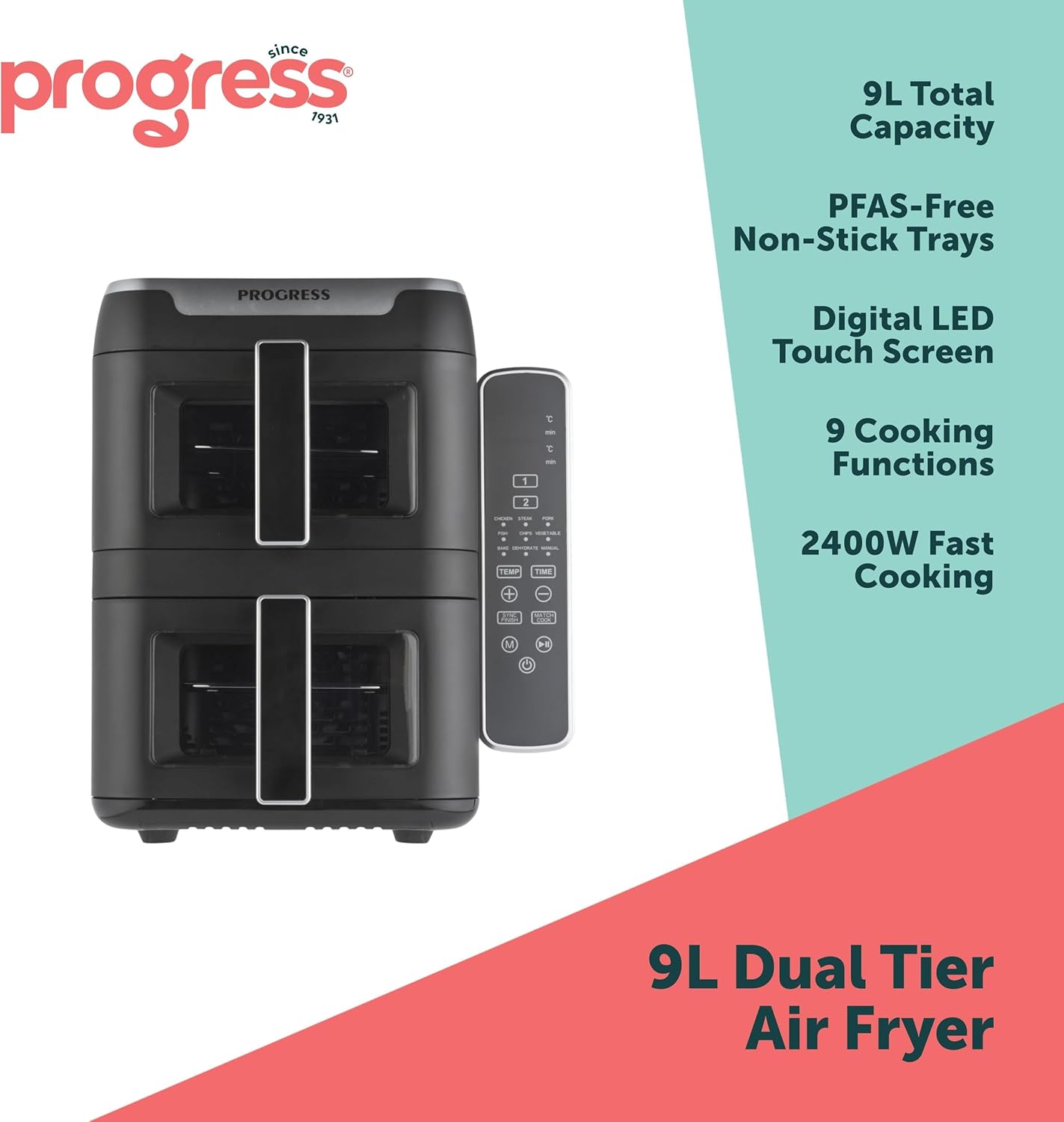 Dual Tier 9L Air Fryer – Digital Touch, 9 Functions, 2×4.5L Baskets, 2400W