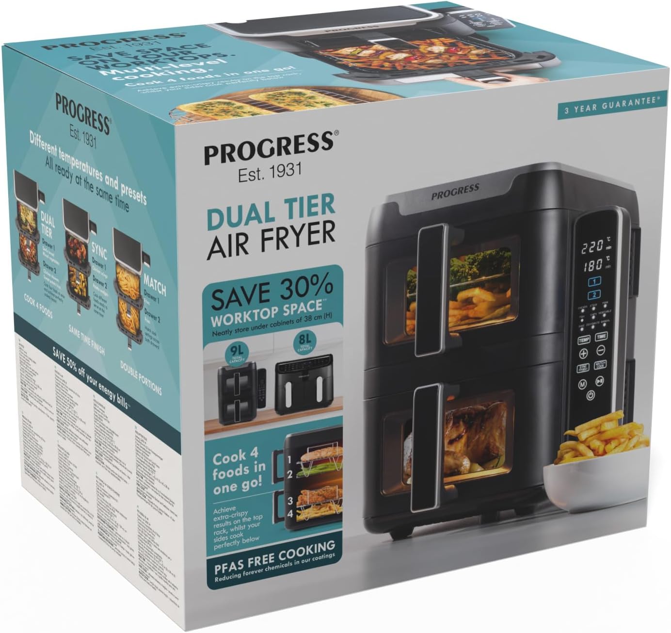 Dual Tier 9L Air Fryer – Digital Touch, 9 Functions, 2×4.5L Baskets, 2400W