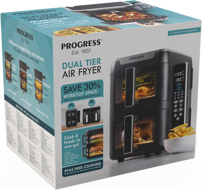 Dual Tier 9L Air Fryer – Digital Touch, 9 Functions, 2×4.5L Baskets, 2400W