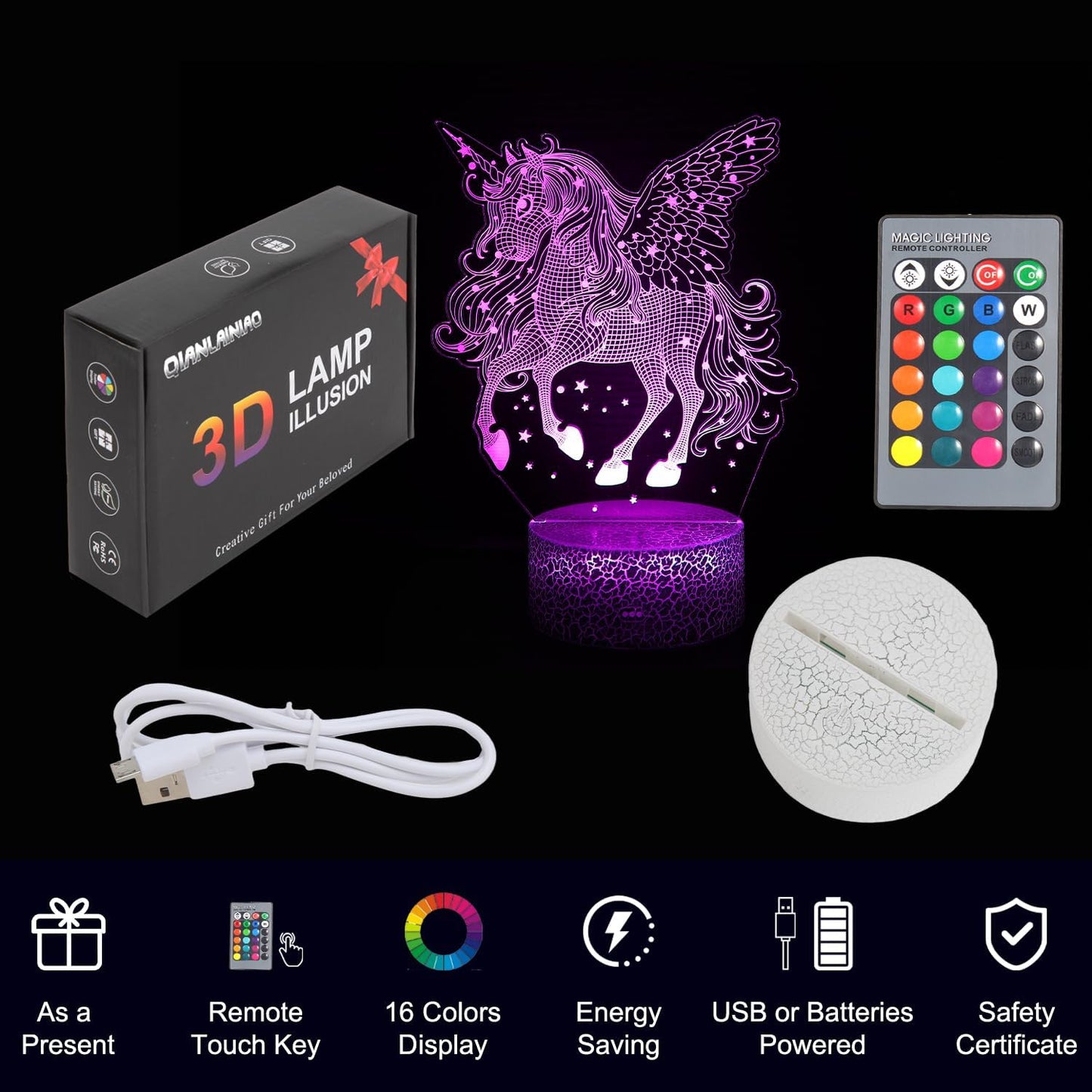 3D Unicorn LED Night Light – Remote & Touch Control, 16-Color Changing