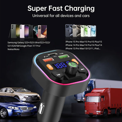 Bluetooth 5.0 FM Car Adaptor – Fast USB Charging, Hands-Free Calls, RGB Lights