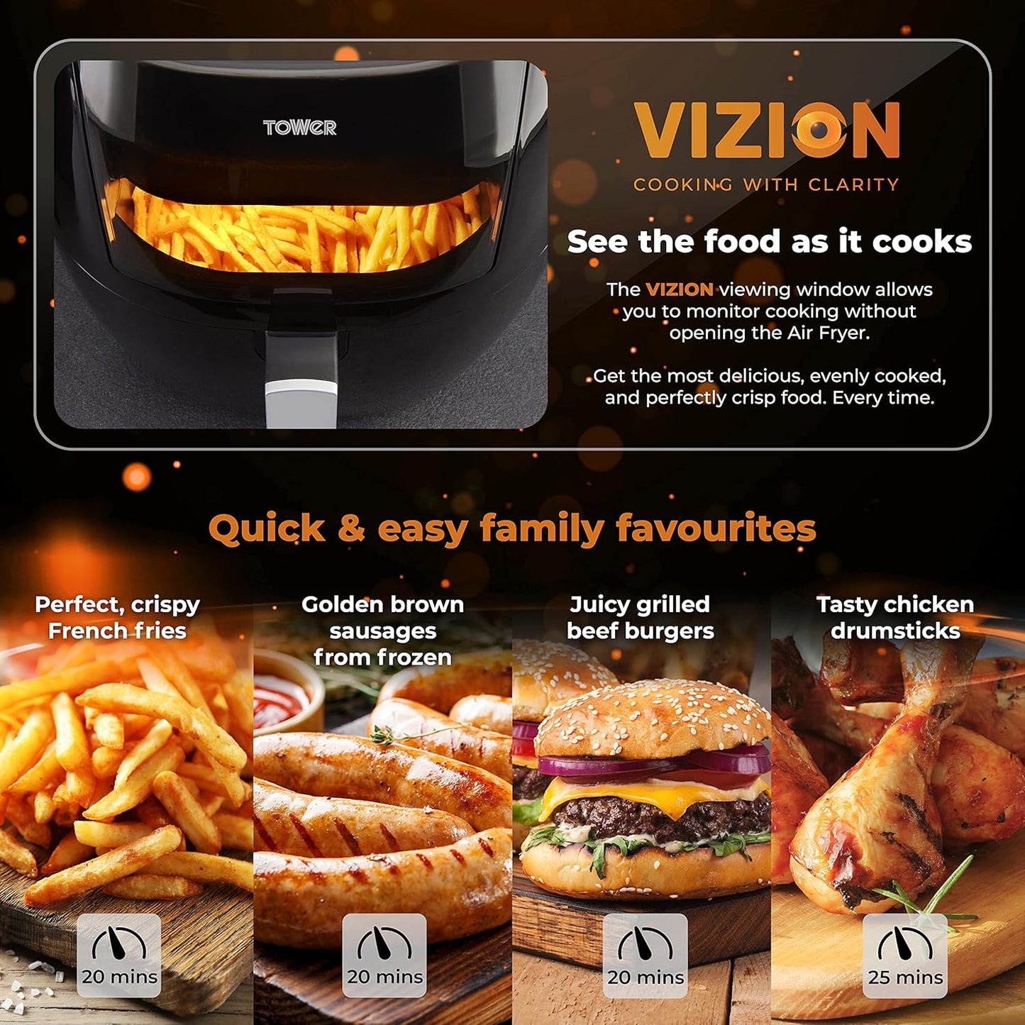 Tower Vizion 7L Digital Air Fryer, Large Capacity, Cooking View, Fast Cooking