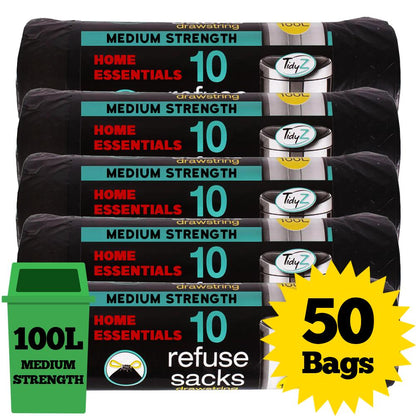 Tidyz 50 x 100L Refuse Sacks with Drawstring Closure Bin Bags
