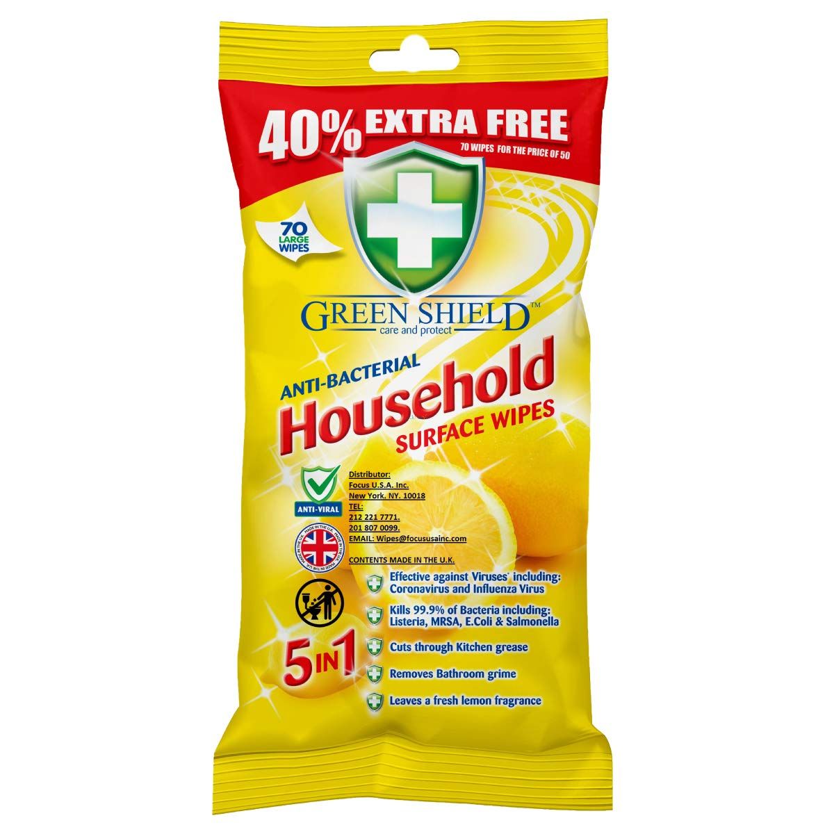 Anti-Bacterial Household Surface Wipes – 70 Pack, Grease & Stain Removal