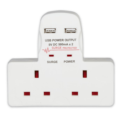 2-Way Surge Protected USB Adaptor – 2 Sockets + 2 USB Ports