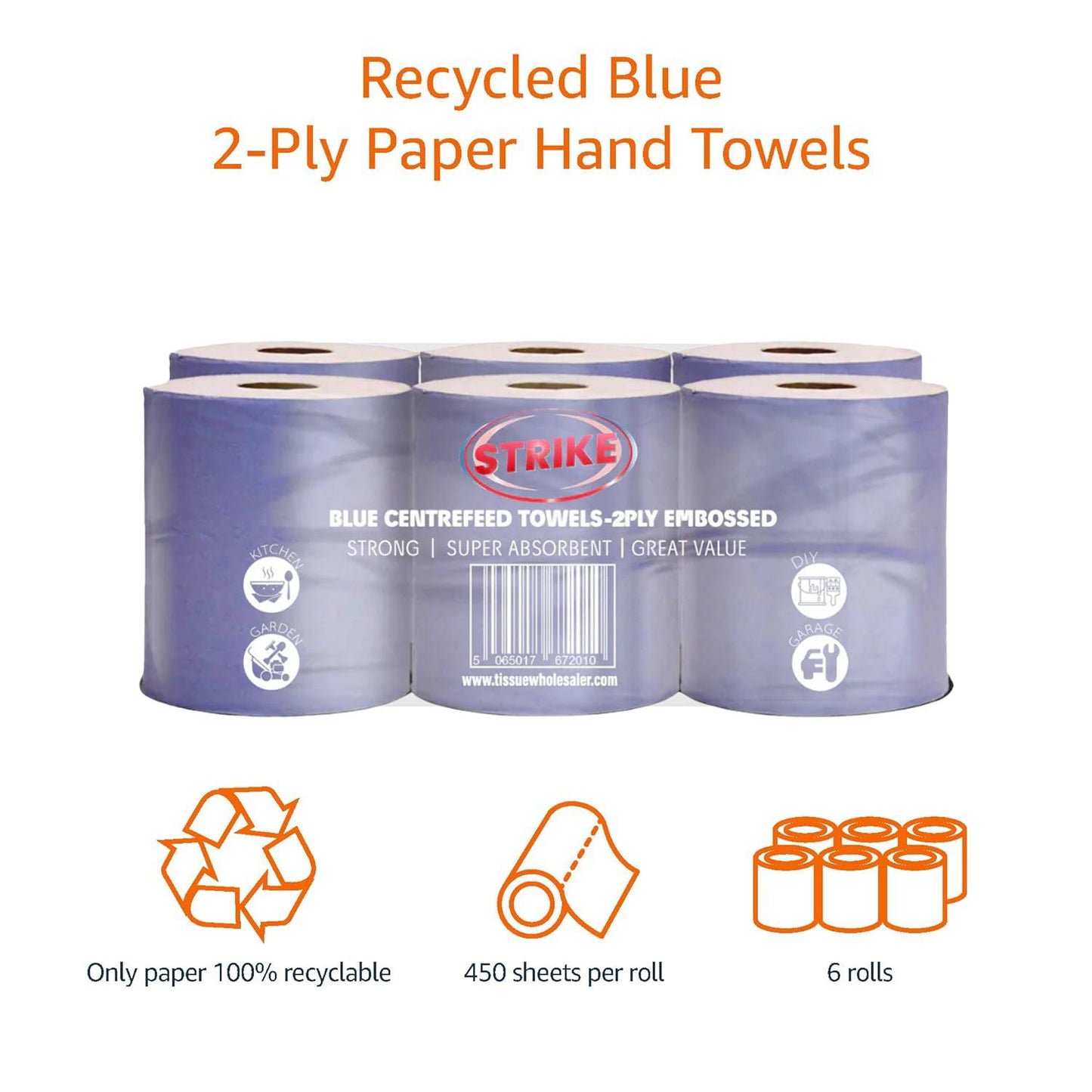 Strike Paper Hand Towels 2-ply Centrefeed Blue Roll Recycled 6 Rolls