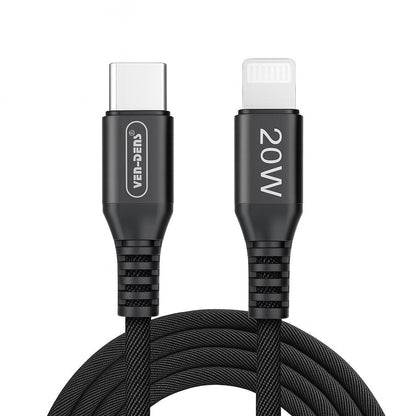 Black Fast-Charge Cables – USB-C, Lightning & Type-C, 1-Year Warranty