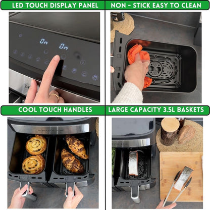 7L Dual Basket Air Fryer – 2400W, 10 Presets, Smart Sync Finish