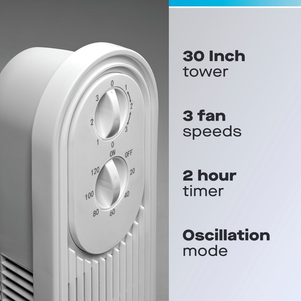 30” Slimline Oscillating Tower Fan – 3 Speed Settings, Quiet & Space-Saving Design