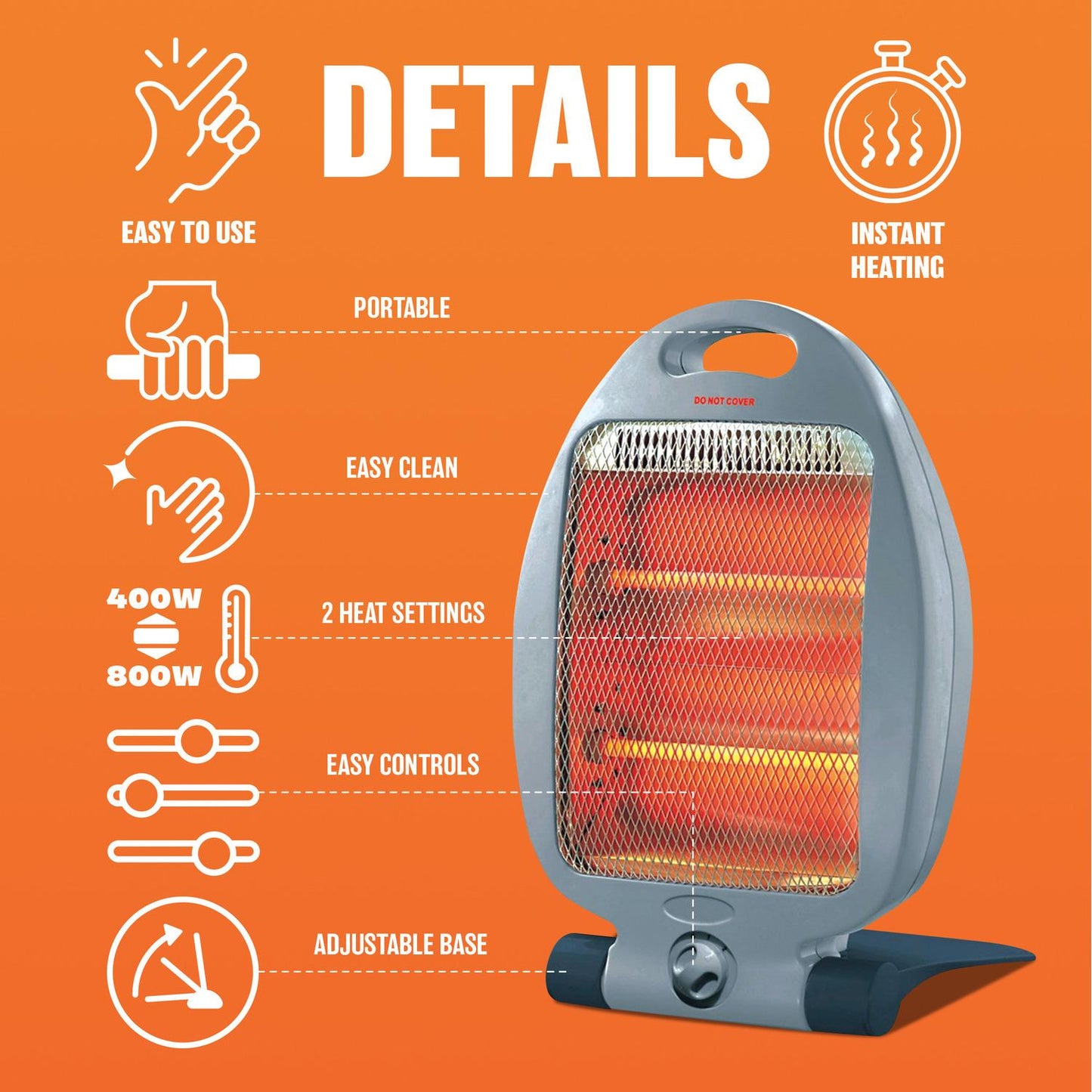 800W Quartz Infrared Heater – 2 Heat Settings, Portable Design