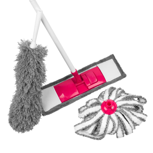 Kleeneze 4-Piece Cleaning Set with Flat Mop, Microfibre Duster, Mop Head and Interchangeable Handle - Grey/Pink