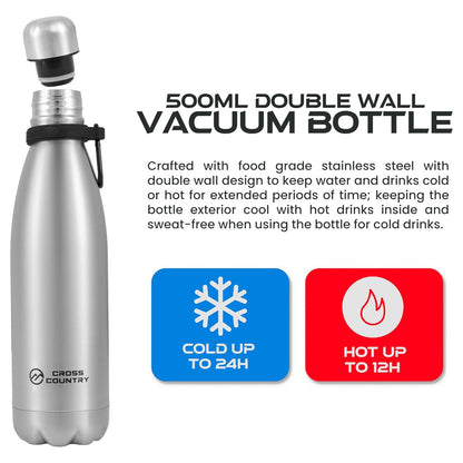 CROSS COUNTRY Insulated Vacuum Bottle 500ml - Leak Proof, Double Wall Insulation, Sweat Free - Bottled, Drinkware, Stainless Steel Water Bottle