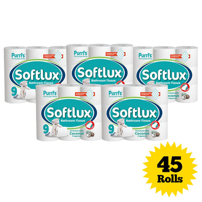 Purrfs Softlux White Toilet Paper 45 Rolls Pack of 5 x 9 Rolls 3 Ply Luxury Premium Quality Perfect Clean Soft Thick Toilet Papers for Kids Adults Wipes 45 Rolls disposable bathroom toilet paper & wipes