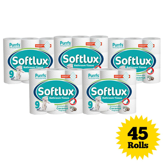 Purrfs Softlux White Toilet Paper 45 Rolls Pack of 5 x 9 Rolls 3 Ply Luxury Premium Quality Perfect Clean Soft Thick Toilet Papers for Kids Adults Wipes 45 Rolls disposable bathroom toilet paper & wipes