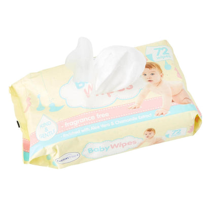 Baby Wipes Fragrance Free – 72 Pack with Aloe Vera & Chamomile