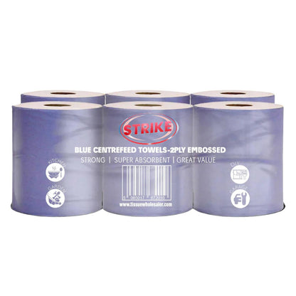 Strike Paper Hand Towels 2-ply Centrefeed Blue Roll Recycled 6 Rolls