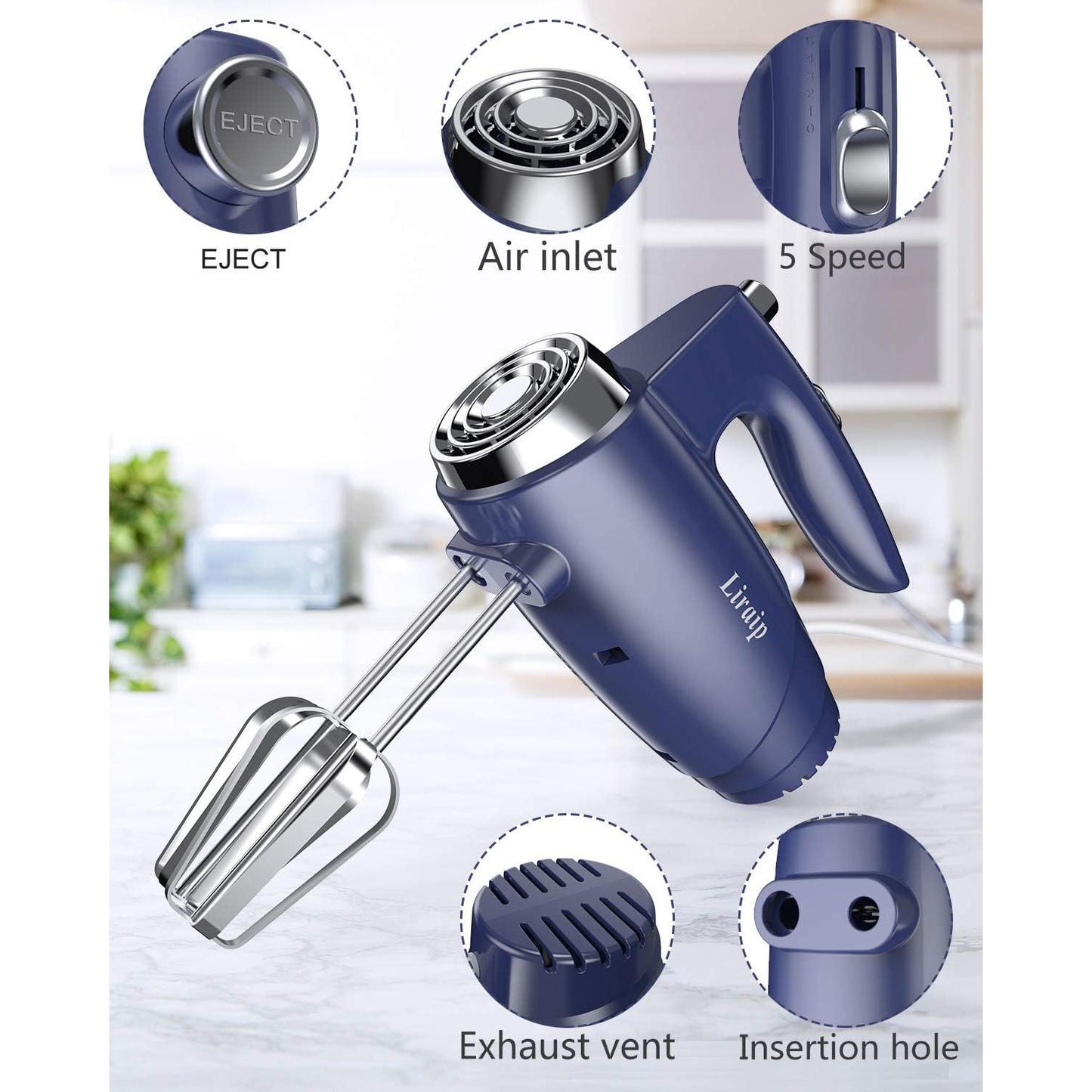 Liraip Hand Mixer Electric Whisk With 5 Speed Handheld Mixer for Whipping,Mixing Cookies,Brownies,Cakes and Dough with 4 Accessories Hand Mixer