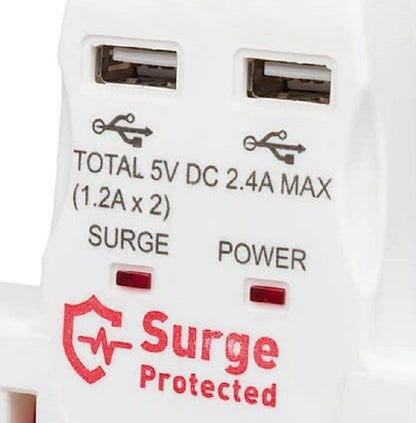 2-Way Surge Protected USB Adaptor – 2 Sockets + 2 USB Ports