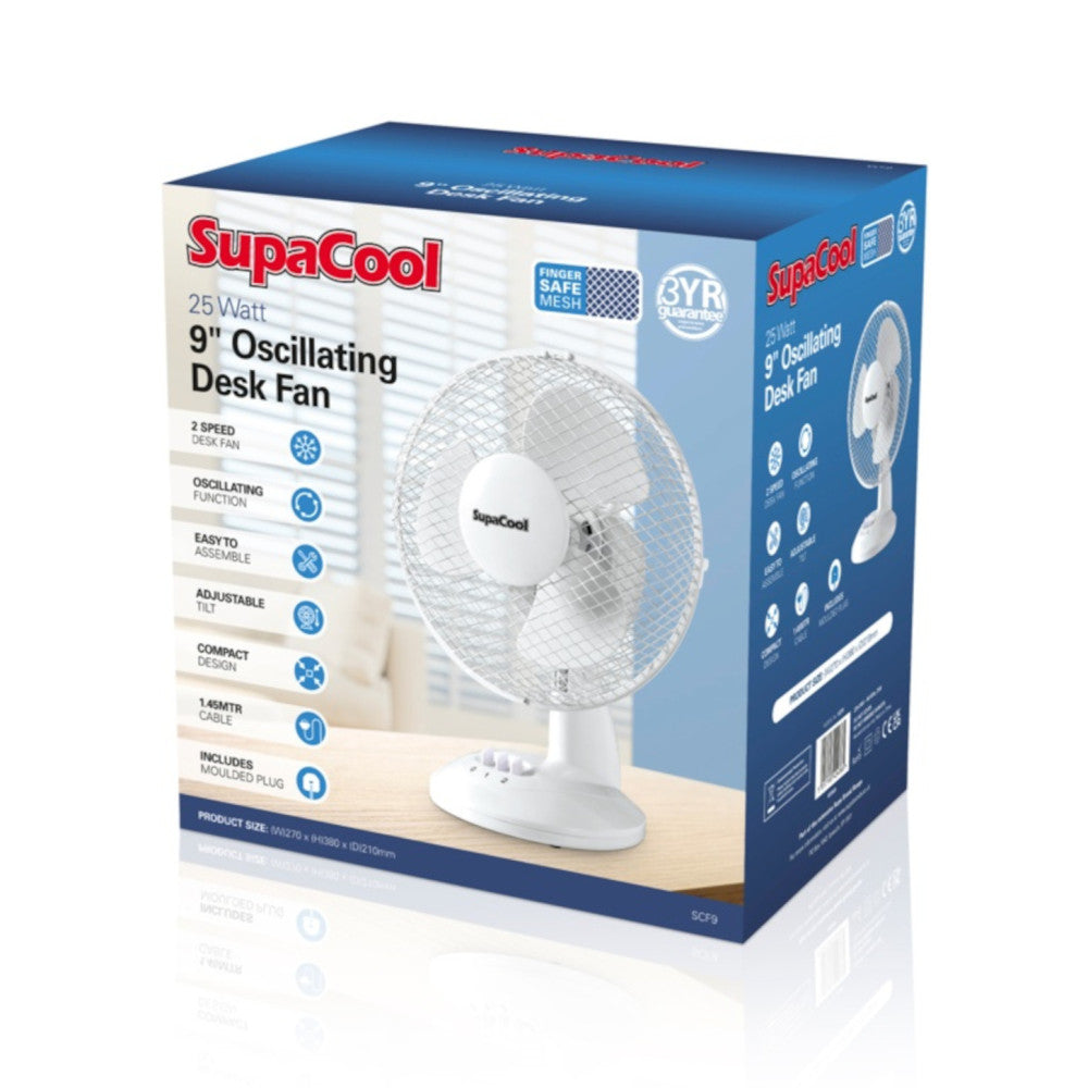 9” Oscillating Desk Fan – Compact 3 Speed Adjustable, White