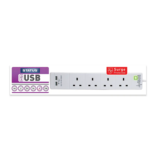 Status 4 Way 2 Metre Extension Surge Lead with 2 USB Ports - Power Strip Surge Protector, 2 Meter Cord Length, USB Charging, 4 Outlets.