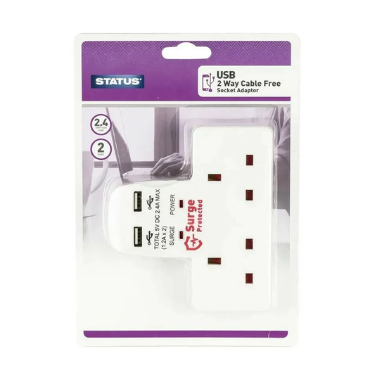 2-Way Surge Protected USB Adaptor – 2 Sockets + 2 USB Ports